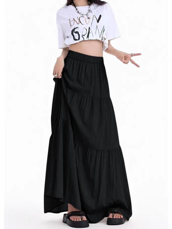 Women's Solid High Waist A-line Skirt, Casual Elastic Waist Long Skirt for Daily Wear, Ladies Bottoms for All Seasons