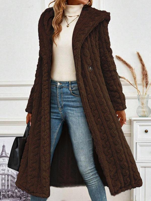 Women's Solid Textured Long Sleeve Fuzzy Hooded Coat, Casual Jackets, Open Front Plush Outerwear for Fall & Winter, Women's Clothing for Daily Wear