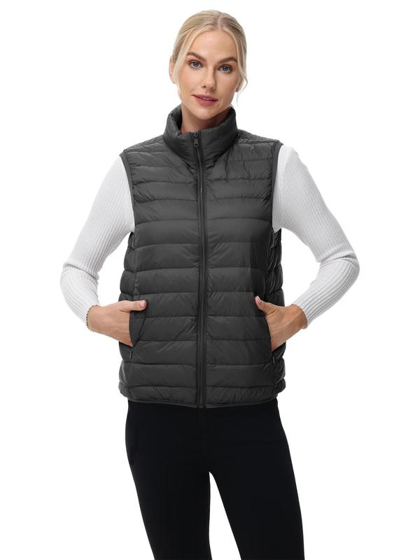 Women's Solid Zip Up Pocket Vest Down Coat, Women's Clothing for Hiking, Climbing, Camping Outdoor Activities, Casual Sleeveless Outerwear for Fall & Winter,