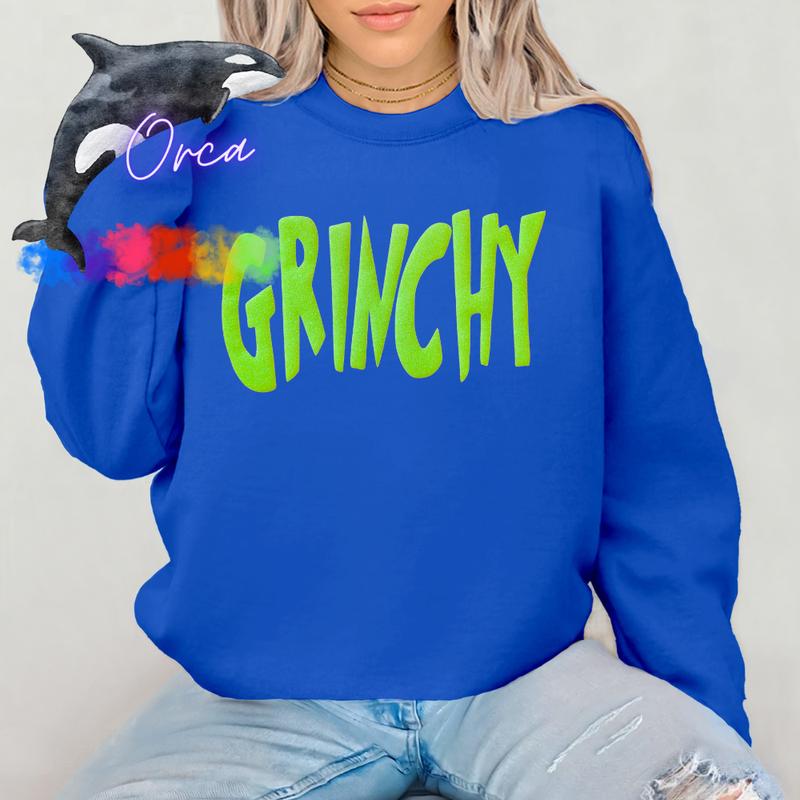 Orca ~ GRINCHY Unisex Sweatshirts with Lime Green Glitter Puff ~ Small - 4XL Christmas Crewneck Casual Womenwear