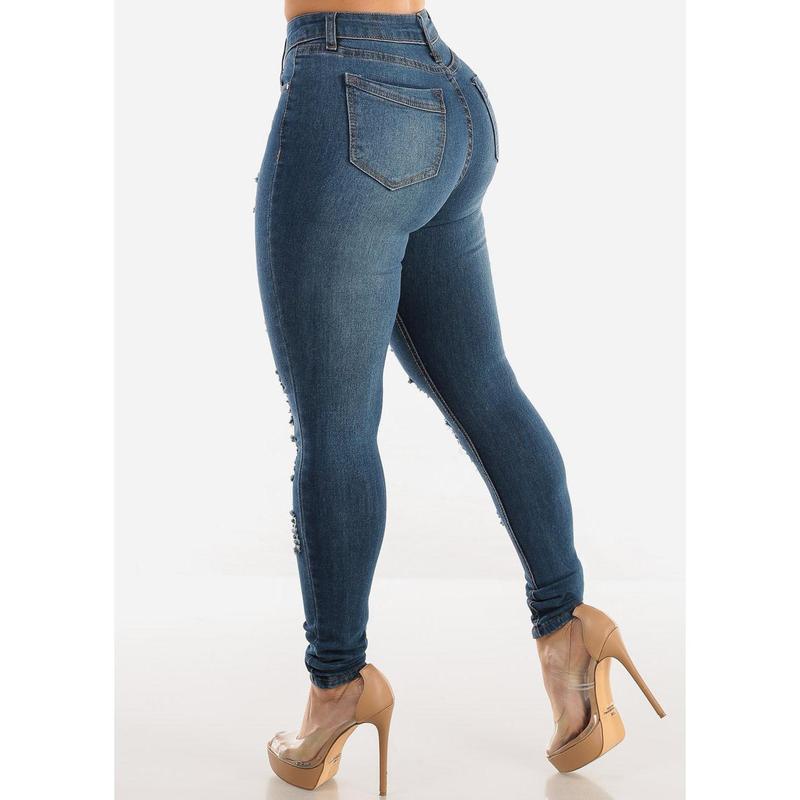 Mid Rise Distressed Stretchy Skinny Jeans Med Blue