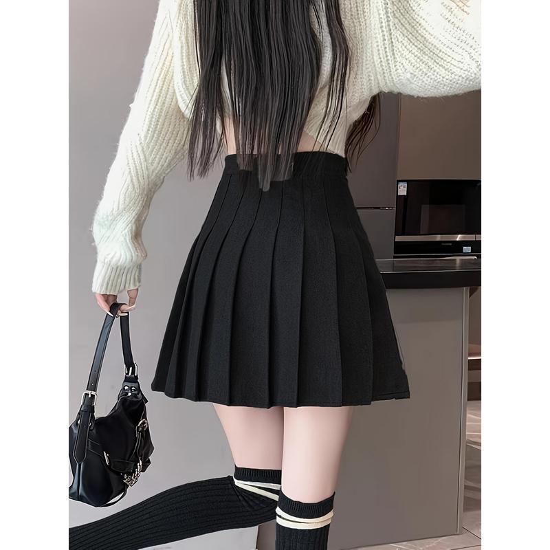 Women's Pleated Skirt, Black A-Line Mini Skirt, Polyester, Slimming, Young Style, Solid Color, Fall Winter, Zipper Closure, Woven Fabric, Fashion Clothing Womenswear Bottom Womenswear Bottom Comfort Basic Minimalist Womenswear Bottom