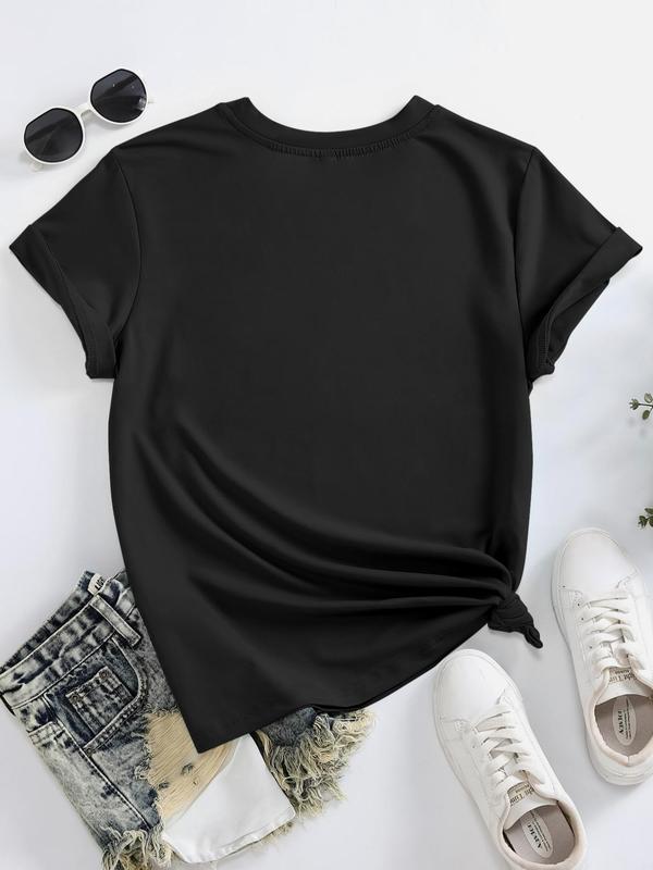 Women's Cherry & Letter Print Drop Shoulder Tee, Casual Half Sleeve Round Neck T-shirt for Summer, Women's Top for Daily Wear