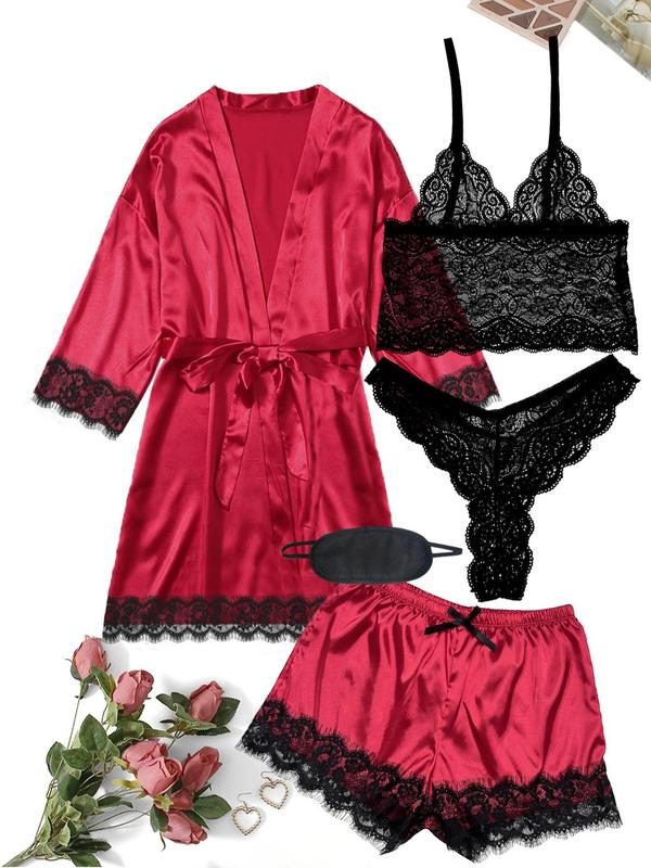 5 Counts Women's Contrast Lace Satin Pyjama Set, Casual Scallop Trim Crop Cami Top & Thong & Belted Wrap Lounge Robe & Bow Elastic Waist Pj Pants Shorts & Eye Mask Set, Women's Loungewear Set, Pajama Sets Women, Fall Wear