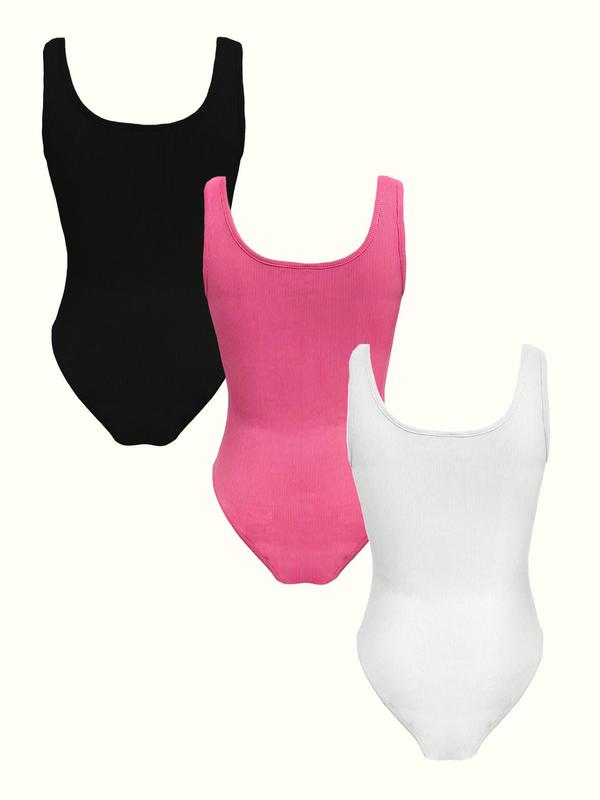 3 Pcs Solid Square Neck Sleeveless Shapewear Tank Bodysuit, Casual Ribbed Slim Fit Bodysuit, Women's Underwear