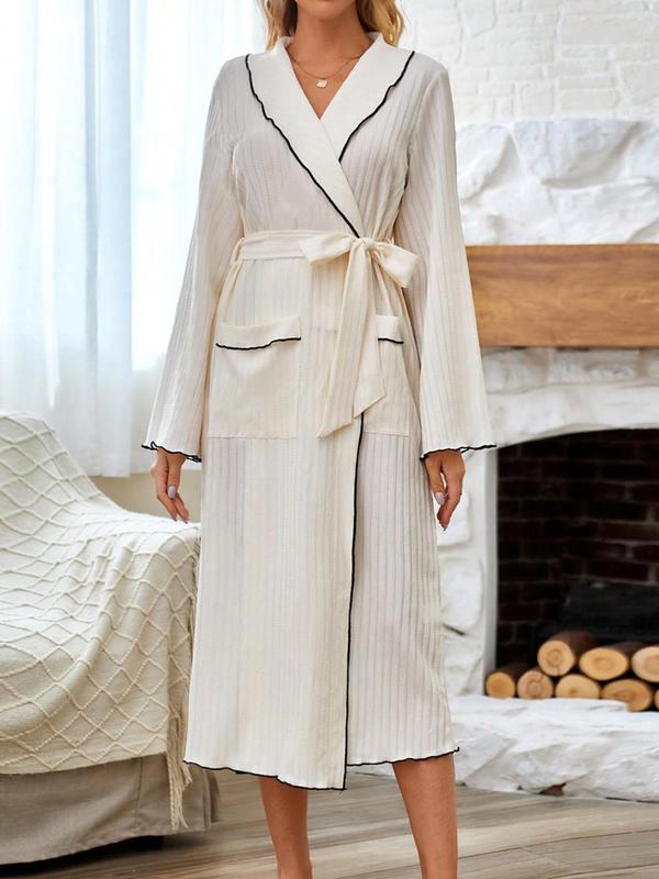 Women's Contrast Binding Belted Wrap Lounge Robe, Casual Long Sleeve Gown, Ladies Sleepwear for Spring & Fall