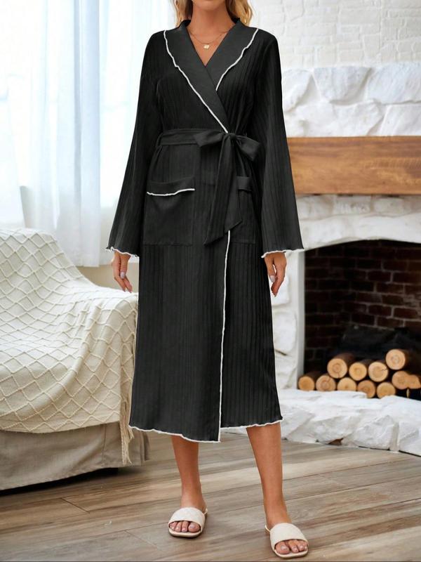 Women's Contrast Binding Belted Wrap Lounge Robe, Casual Long Sleeve Gown, Ladies Sleepwear for Spring & Fall