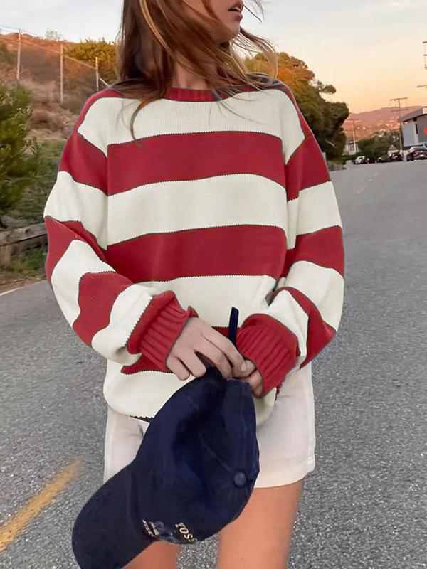 Women's Striped Print Drop Shoulder Sweater, Casual Fall Long Sleeve Round Neck Jumper, Fashion Women's Knitwear for Daily Wear, Utah Girl Fits, Utah Girl Fits, Preppy 80s Clothes