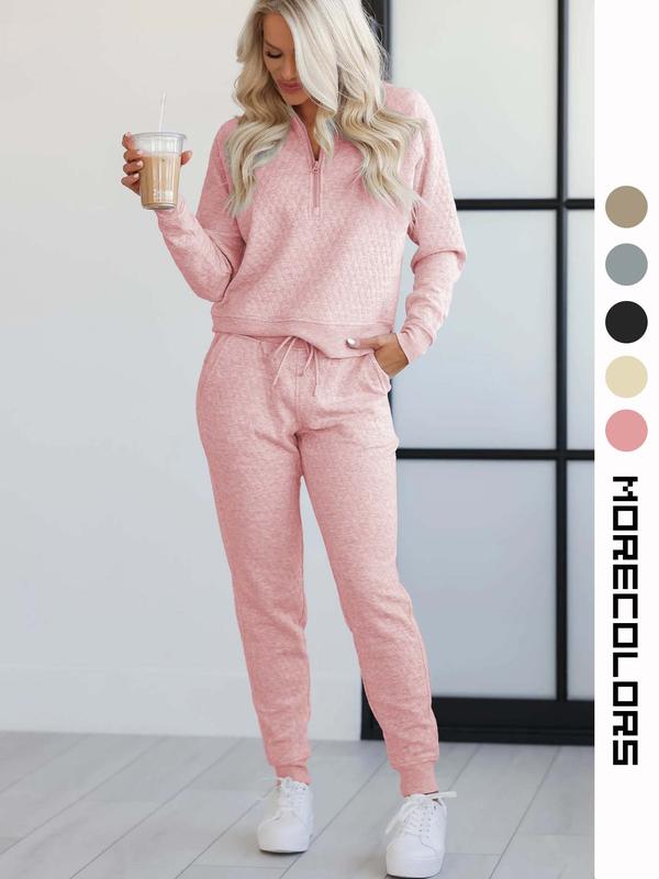 Two-piece Set Women's Solid Color Zip Up Hoodie & Drawstring Pocket Sweatpants, Casual Long Sleeve Hooded Top & Jogger Pants for Fall & Winter, Women's Clothes for Daily Wear