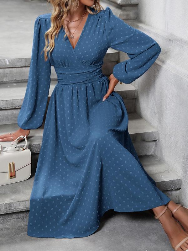  Polka Dot Print Tie Waist Dress, Elegant Long Sleeve V Neck Dress for Party Holiday Wedding Guest, Women's Clothes for Fall & Winter