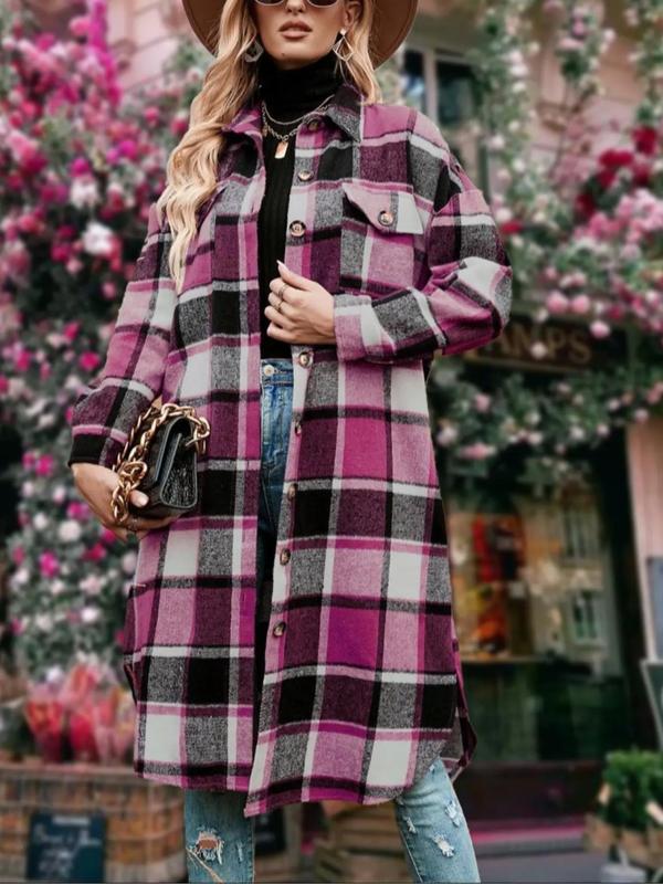 Women's Colorblock Plaid Print Button Front Drop Shoulder Coat, Casual Long Sleeve Collared Pocket Coat for Fall & Winter,  Winter Clothes Women, Women's Clothing for Daily Wear, Fall Clothes Outerwear