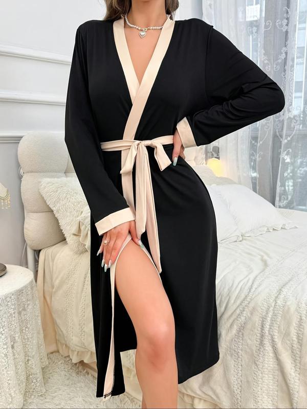 Women's Contrast Trim Letter & Crown Print Belted Sleep Robe, Comfy Casual Long Sleeve Midi PJ Robe, Ladies Sleepwear for Spring & Fall