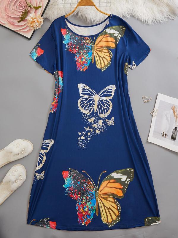  Butterfly Print Round Neck Nightdress, Casual Soft Comfortable Short Sleeve Nightgown for Women, Women's Sleepwear for All Seasons