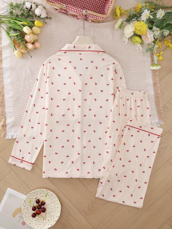 Two-piece Set Women's Heart  Strawberry Print Pajama Set, Casual Comfy Long Sleeve Lapel Collar Top & Pants Pj Set, Ladies Sleepwear for Spring & Fall