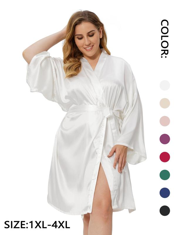 Plus Size Solid Belted Wrap Drop Shoulder Satin Robe, Casual Long Sleeve V Neck Dressing Gown for Daily Home Wear, Women's Sleepwear for All Seasons