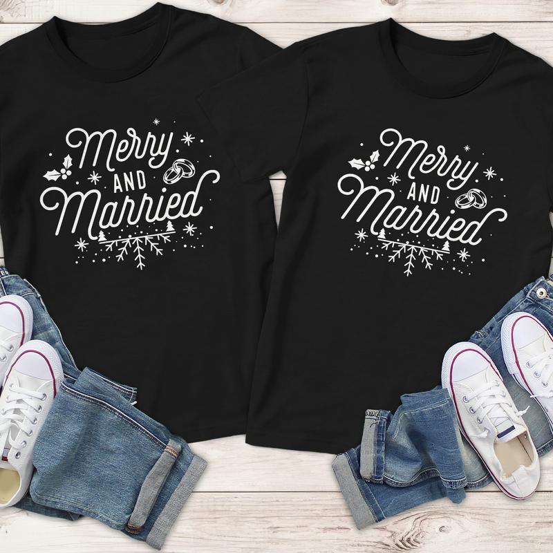 Merry And Married Couples Matching Christmas T-Shirts, Comfort Cotton, Size For All Body, Shirts For Couples, Gift For Husband Wife Casual Comfortable