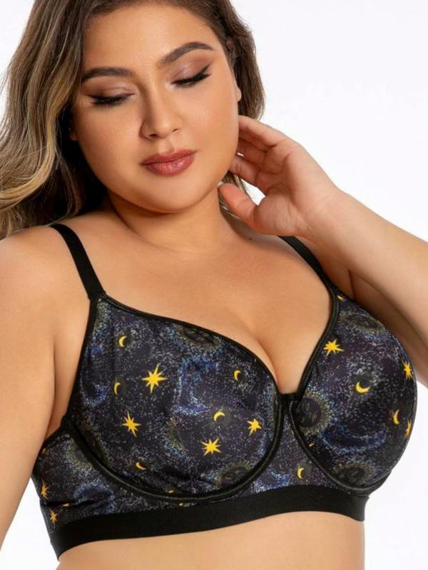 Plus Size Galaxy Print Underwire Bra, Casual Adjustable Strap Push Up Bralette for Women, Women's Plus Size Lingerie for All Seasons