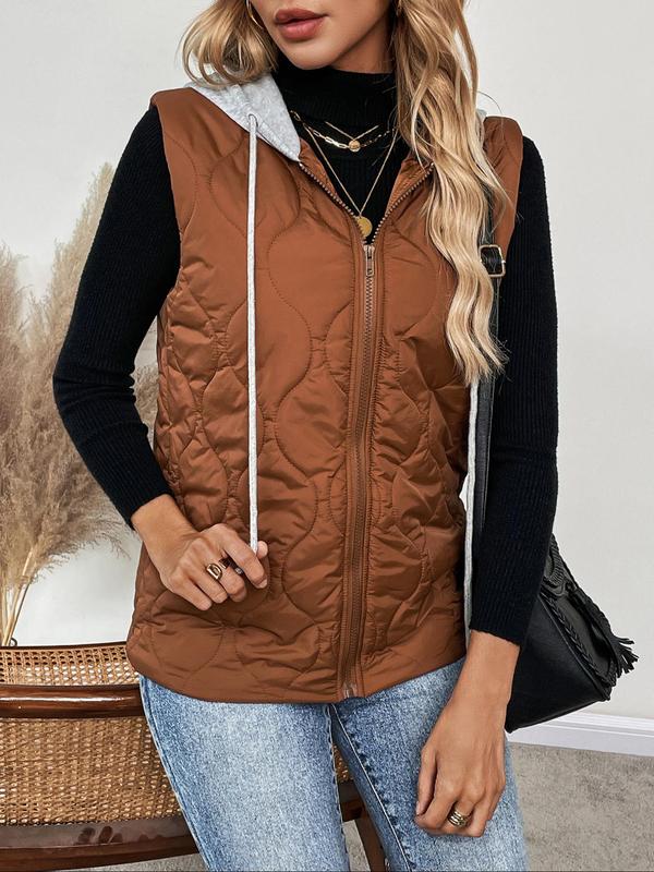 Women's Solid Zip Up Drawstring Hooded Puffer Vest Coat Without Inner Top, Casual Thermal Quilted Sleeveless Outerwear For Fall, Ladies Clothes For Daily Wear