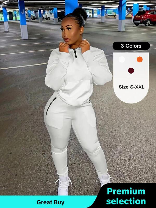 Women's Solid Half Zip Up Sweatshirt & High Waist Skinny Pants Two-piece Set, Casual Long Sleeve High Neck Pullover & Zipper Pants for Daily Wear, Ladies Two-piece Outfits for All Seasons