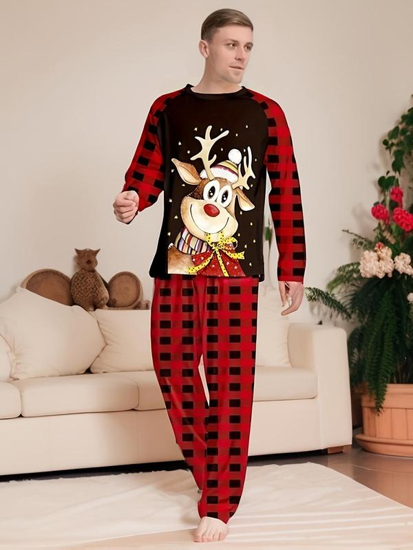 Couple's Christmas Themed Reindeer & Plaid Print Raglan Sleeve Pajama Two-piece Set, Casual Comfy Long Sleeve Top & Elastic Waist Pants Pj Set, Couple's Sleepwear for Spring & Fall,  Matching Bf and Gf