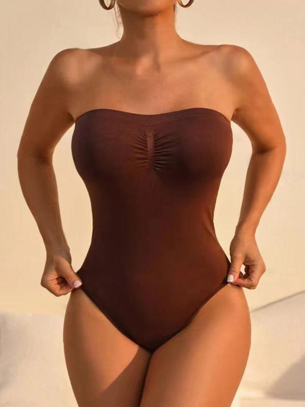 Women's Solid Ruched Strapless Shapewear Bodysuit, Casual Tummy Control Tube Bodysuit, Seamless Shaper for Daily Wear, Fall Wear, Earthtone Fallfreshness