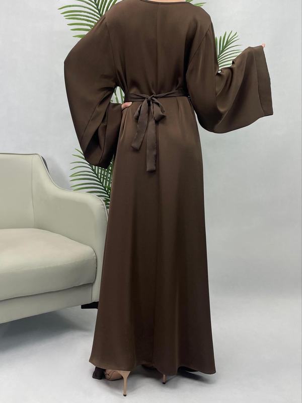 Women's Solid Belted Flounce Sleeve Dress, Elegant Long Sleeve Round Neck Long Dress for Party Holiday Wedding Guest, Ladies Clothes for All Seasons, Fall Clothing Women Longsleeves