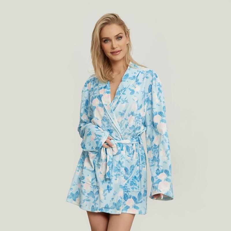 Women Y2k Fruit Robe Fleece Shawl Collar Bathrobe with Belt Cozy Spa Long Robe Open front Nightgown Loungewear