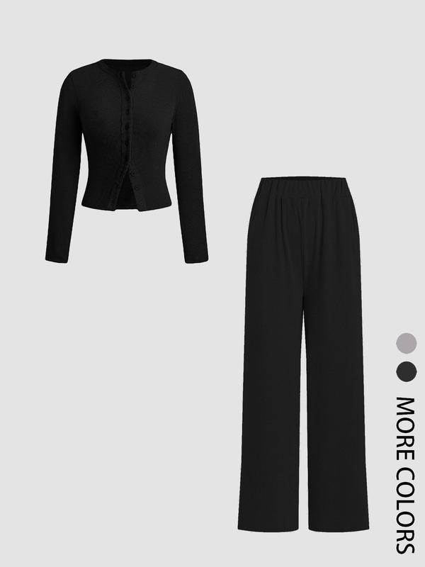 Two-piece Set Women's Solid Button Front Ribbed Crop Top & Elastic Waist Pants, Casual Long Sleeve Round Neck Top & Trousers 2 Piece Set for Spring & Fall, Women's Clothes for Daily Wear