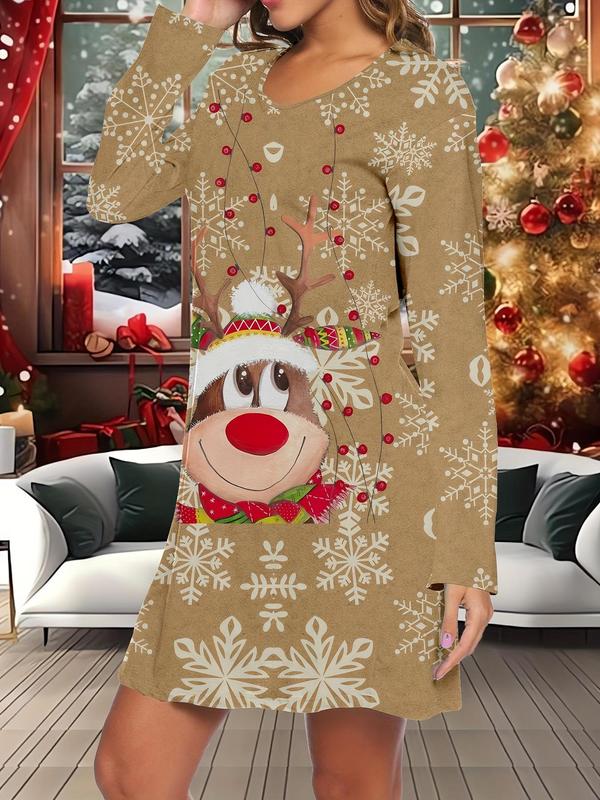 Women's Christmas Themed Snowflake Elk Print Round Neck Nightdress, Casual Long Sleeve Crew Neck Nightgown for Fall & Winter, Lady's Sleepwear for Indoor Wear