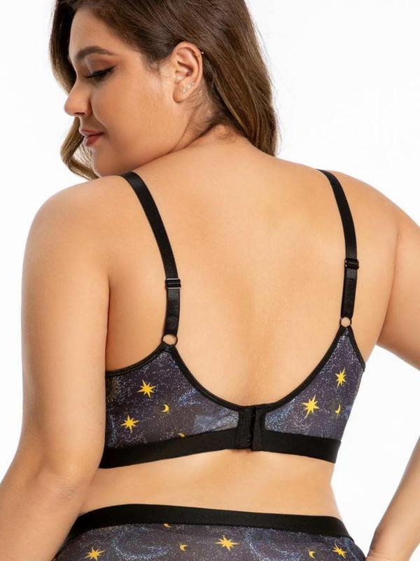 Plus Size Galaxy Print Underwire Bra, Casual Adjustable Strap Push Up Bralette for Women, Women's Plus Size Lingerie for All Seasons