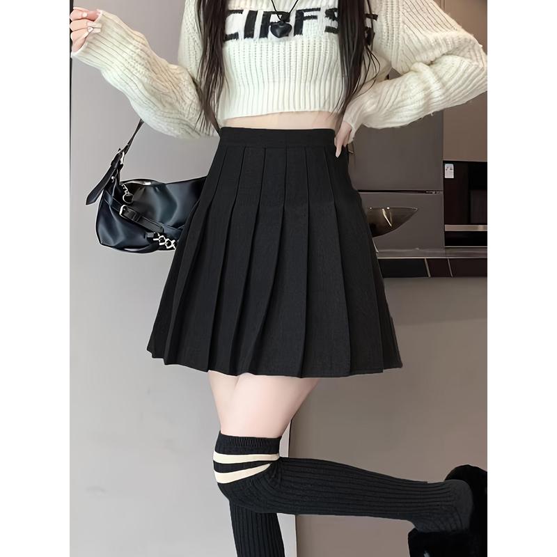 Women's Pleated Skirt, Black A-Line Mini Skirt, Polyester, Slimming, Young Style, Solid Color, Fall Winter, Zipper Closure, Woven Fabric, Fashion Clothing Womenswear Bottom Womenswear Bottom Comfort Basic Minimalist Womenswear Bottom