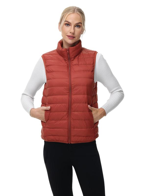 Women's Solid Zip Up Pocket Vest Down Coat, Women's Clothing for Hiking, Climbing, Camping Outdoor Activities, Casual Sleeveless Outerwear for Fall & Winter,