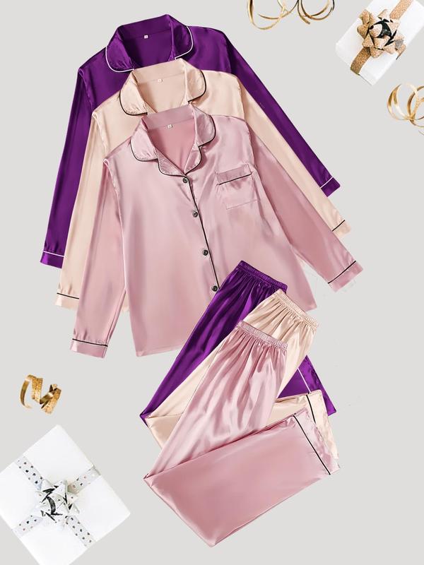 Women's Contrast Binding Satin Pyjama Set, Casual Long Sleeve Lapel Neck Button Front Shirt & Elastic Waist Pants Pj Set, Comfortable Sleepwear Set for Women,  Pyjamas for Women