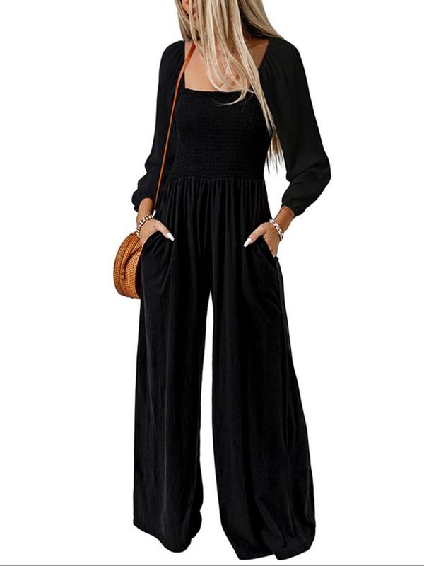 Women's Solid Shirred Bishop Sleeve Square Neck Jumpsuit, Casual Pocket Wide Leg Jumpsuit for Fall, Women's Jumpsuit for Daily Wear