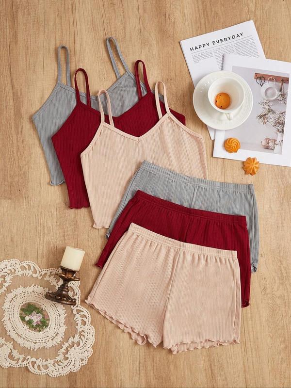 Women's Solid Cami Top & Elastic Waist Shorts Loungewear Set, Casual Comfy Spaghetti Strap Camisole & Lettuce Trim Shorts Set, Ladies Sleepwear for All Seasons