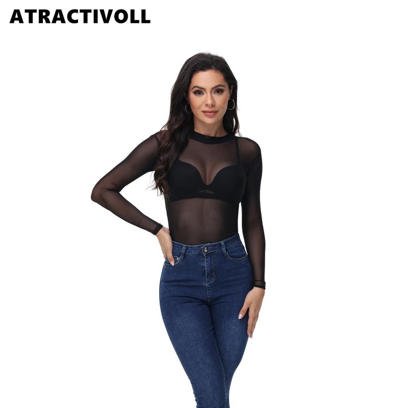 ATRACTIVOLL 1 2PCS Women's Fashion Yoga Wear，Half High Neck Bodysuit,Mesh Long Sleeve Bodysuit Indoor Yoga Wear,Tops Lady women  bodysuits mesh top long sleeve