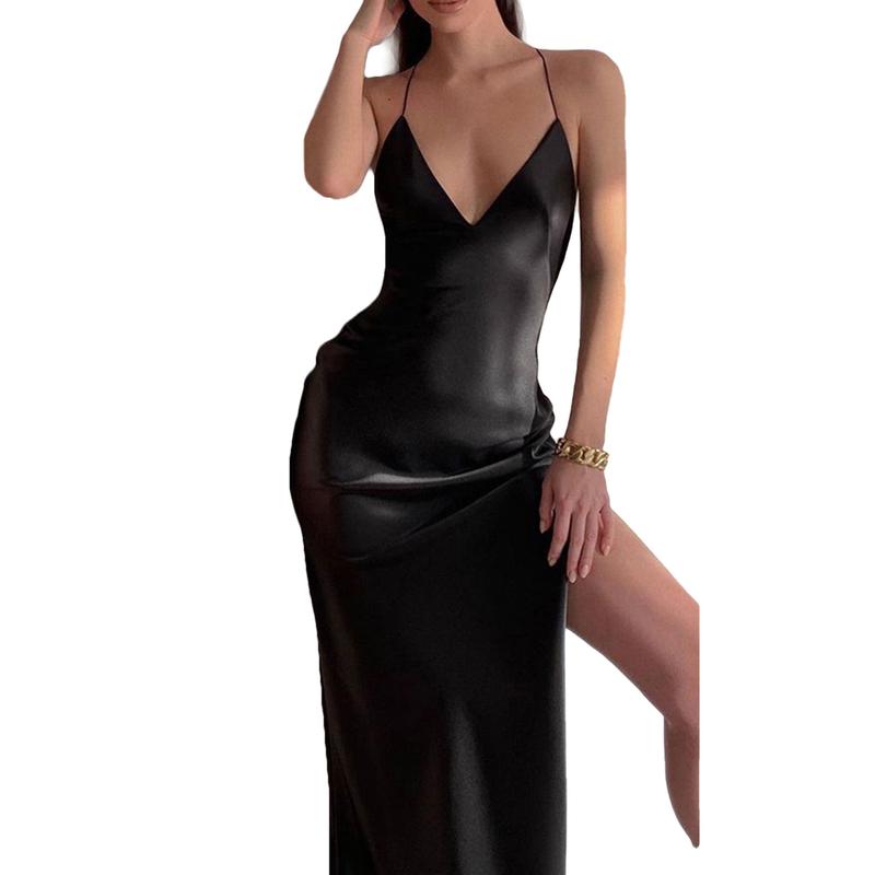 Women Spaghetti Strap Long Dress Satin Side Slit V Neck Low Cut Backless Maxi Dress Sexy Cocktail Party Silk Club Cami Dress