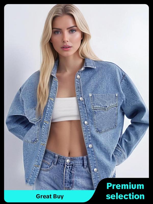 Women's Plain Button Front Drop Shoulder Curved Hem Denim Jacket, Casual Long Sleeve Pocket Design Collar Outerwear for Daily Wear, Ladies Clothes for All Seasons Fall Clothes 2024 Fall Outfits 2024