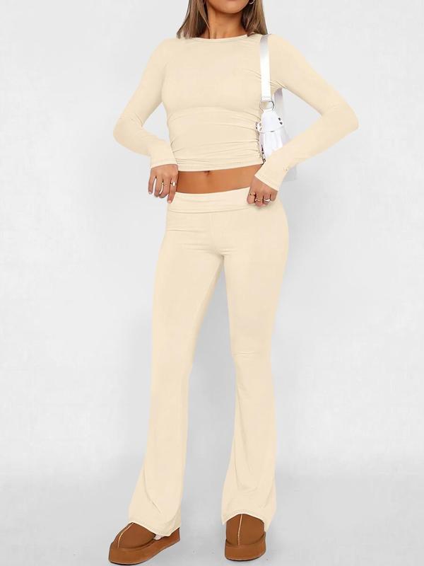 Two-piece Set Women's Solid Long Sleeve Crop Top & Flare Leg Pants, Casual Fashion Cozy Round Neck Top & Bell Bottom Trousers for Daily Outdoor Wear, Women's Clothing for Summer