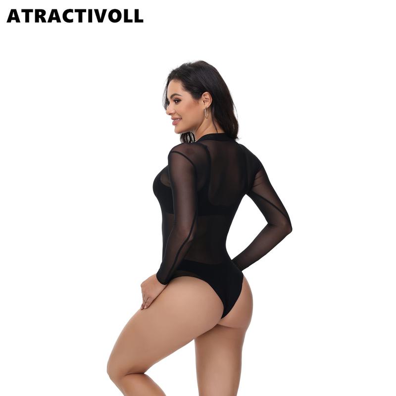 ATRACTIVOLL 1 2PCS Women's Fashion Yoga Wear，Half High Neck Bodysuit,Mesh Long Sleeve Bodysuit Indoor Yoga Wear,Tops Lady women  bodysuits mesh top long sleeve