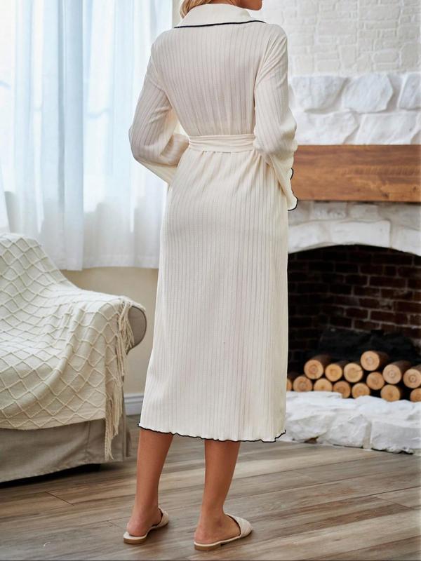 Women's Contrast Binding Belted Wrap Lounge Robe, Casual Long Sleeve Gown, Ladies Sleepwear for Spring & Fall