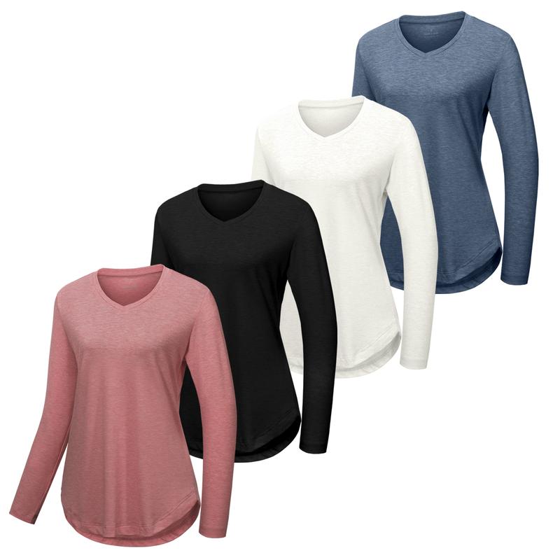 VILIGO 4-Pack Longsleeves Shirts - V-Neck, Basic Soft and Comfortable Tops for Women, Casual Style, Multiple Colors Fabric Womenswear