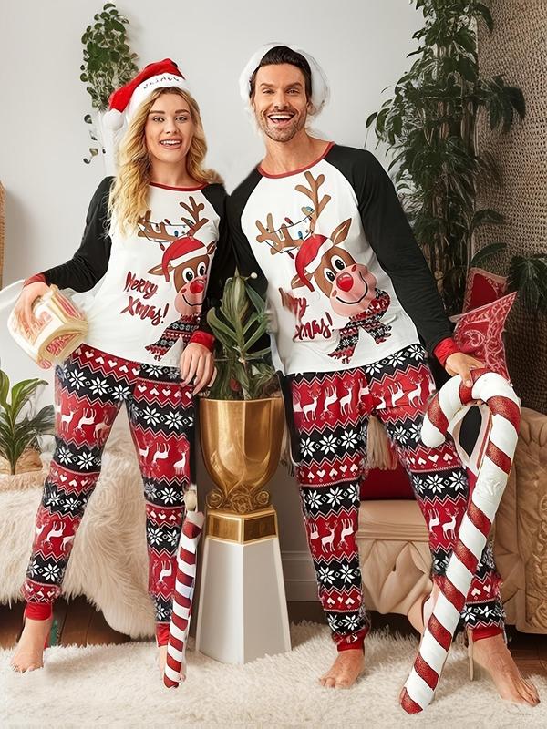 Couple's Christmas Themed Reindeer & Plaid Print Raglan Sleeve Pajama Two-piece Set, Casual Comfy Long Sleeve Top & Elastic Waist Pants Pj Set, Couple's Sleepwear for Spring & Fall,  Matching Bf and Gf