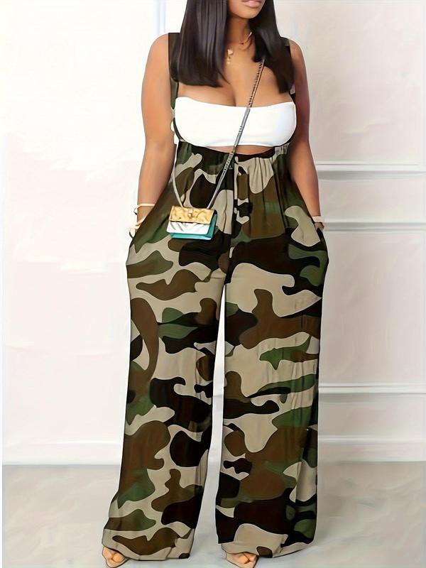 Women's Camo Print Knot Front Wide Leg Overalls, Casual Pocket Suspender Overalls for Daily Wear, Ladies Clothes for All Seasons