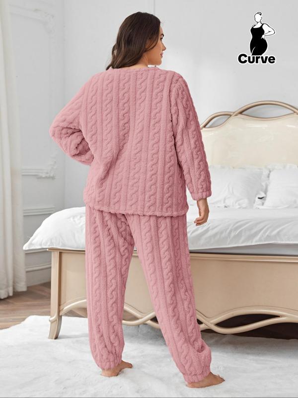 Plus Size Solid Textured Drop Shoulder Top & Coral Fleece Pants Two-piece Set, Casual Fashion Cozy Round Neck Long Sleeve Top & Trousers for Daily Home Wear, Women's Sleepwear for Fall & Winter, Fluffy Pajamas