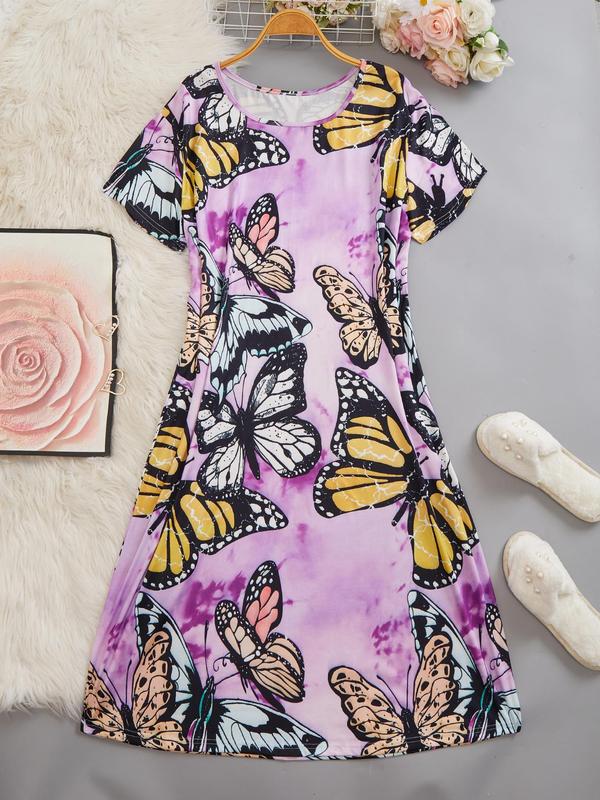  Butterfly Print Round Neck Nightdress, Casual Soft Comfortable Short Sleeve Nightgown for Women, Women's Sleepwear for All Seasons