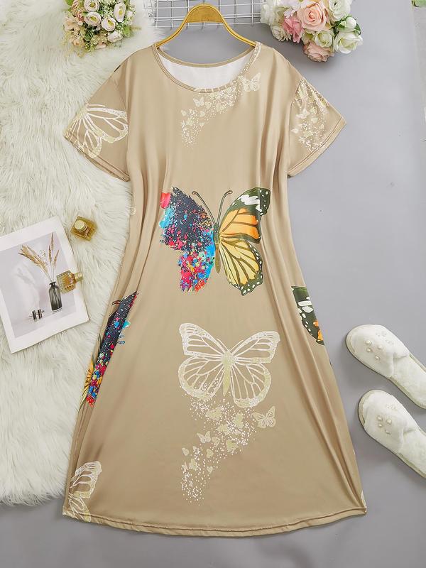  Butterfly Print Round Neck Nightdress, Casual Soft Comfortable Short Sleeve Nightgown for Women, Women's Sleepwear for All Seasons