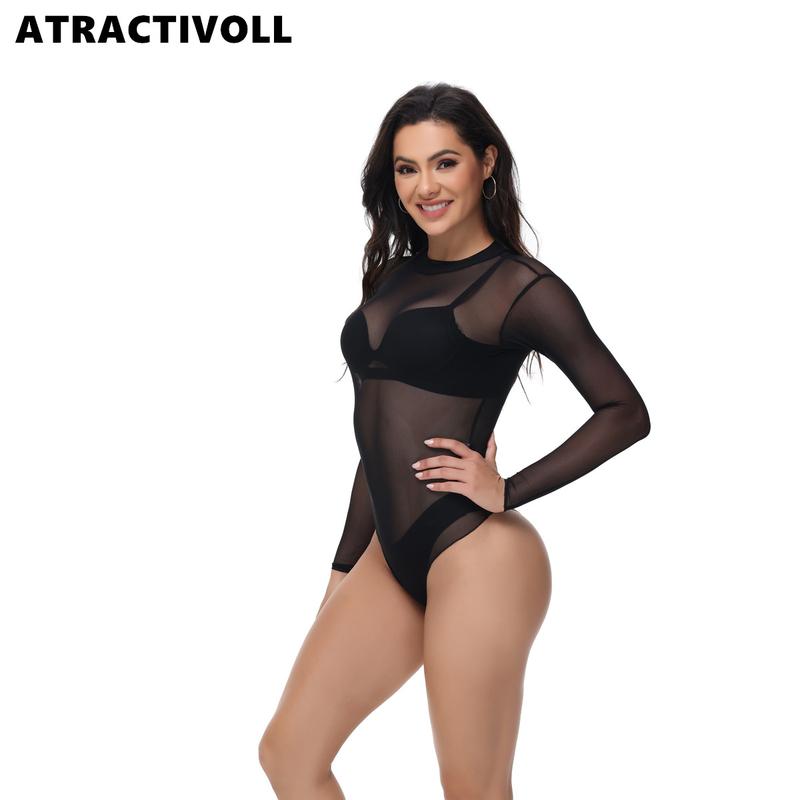 ATRACTIVOLL 1 2PCS Women's Fashion Yoga Wear，Half High Neck Bodysuit,Mesh Long Sleeve Bodysuit Indoor Yoga Wear,Tops Lady women  bodysuits mesh top long sleeve