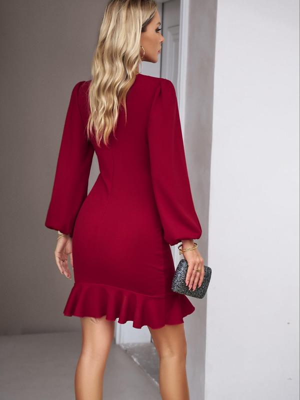 Women's Plain Ruched Ruffle Hem Lantern Sleeve Asymmetrical Hem Dress, Elegant Zipper Back Boat Neck Long Sleeve Short Dress for Party Holiday Wedding Guest, Ladies Spring & Fall Clothes