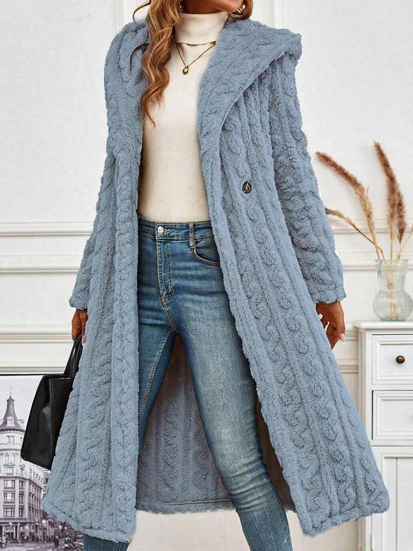 Women's Solid Textured Long Sleeve Fuzzy Hooded Coat, Casual Jackets, Open Front Plush Outerwear for Fall & Winter, Women's Clothing for Daily Wear